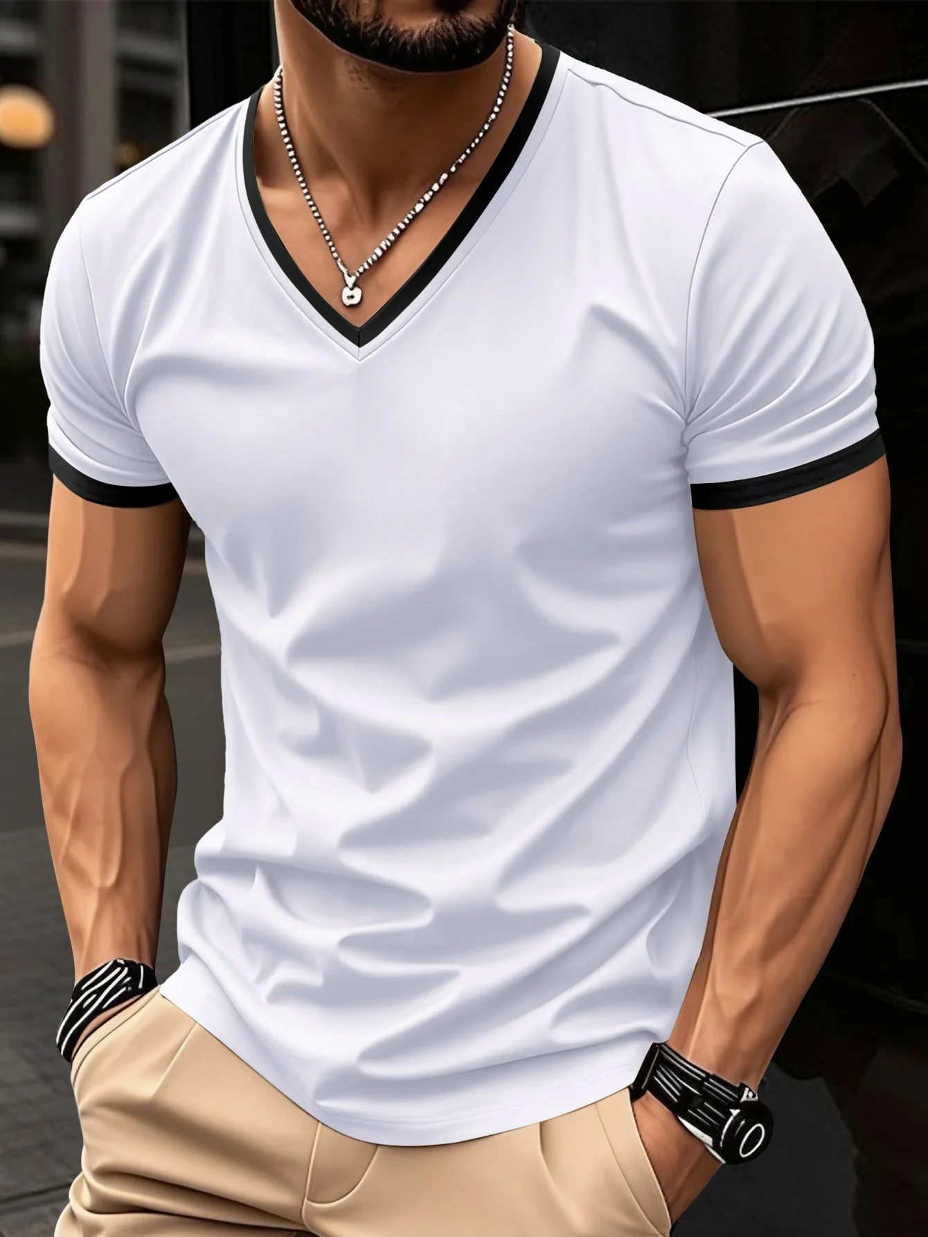 New Summer Casual Vacation-Style Men's V-Neck Short-SleeveTop, Stylish, Refreshing, Comfortable And Breathable For Summer