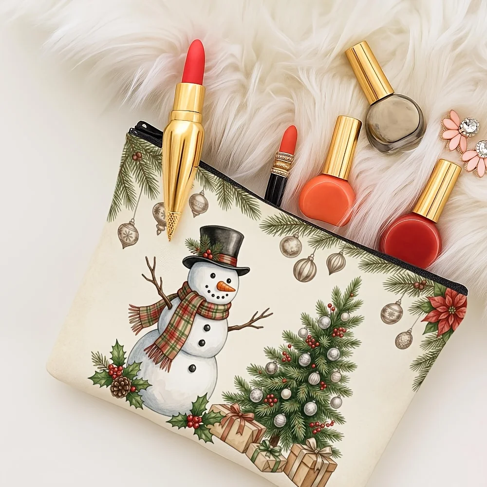 Vintage Snowman Christmas Tree Gift Print Cosmetic Bag Winter Holiday Travel Makeup Storage Pouch Xmas Gift