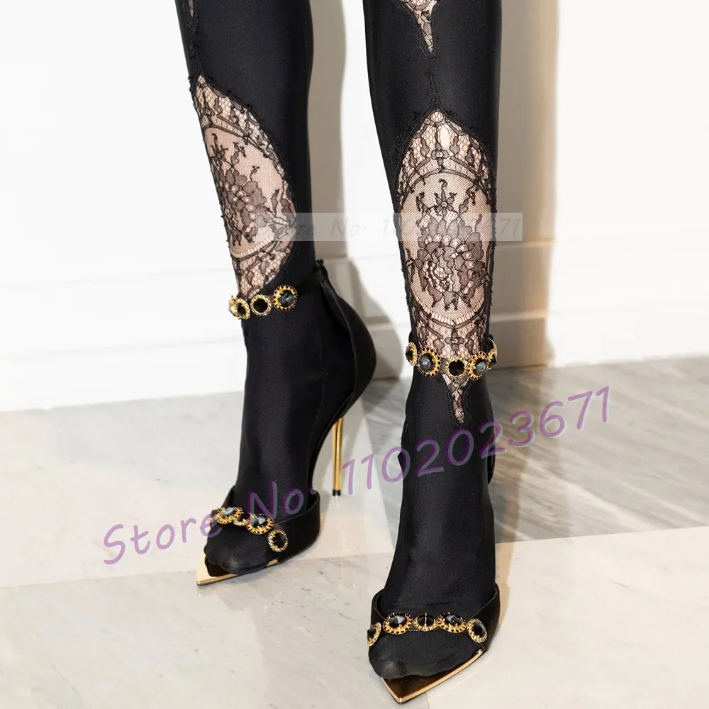 

Босоножки женские на высоком каблуке, пикантные сандалии с золотым острым носком, с драгоценными камнями, ремешки на щиколотке, модная обувь с открытым носком