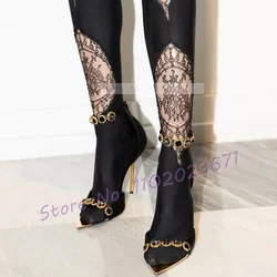 Gold Pointed Cover Heel Sandals Women Sexy Black Gems Ankle Straps Catwalks High Heels Ladies Fashion Party Openwork Toe Shoes