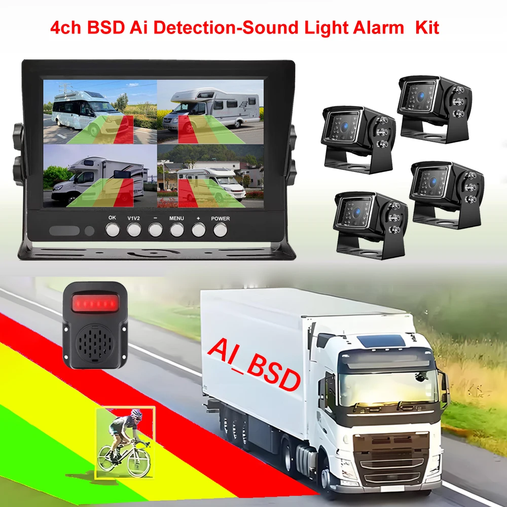 7 Inch 4CH AHD DVR Monitor BSD AI Detection Pedestrian Vehicle Safety Alert Reverse Aid 1080P Waterproof Backup Cameras Kit