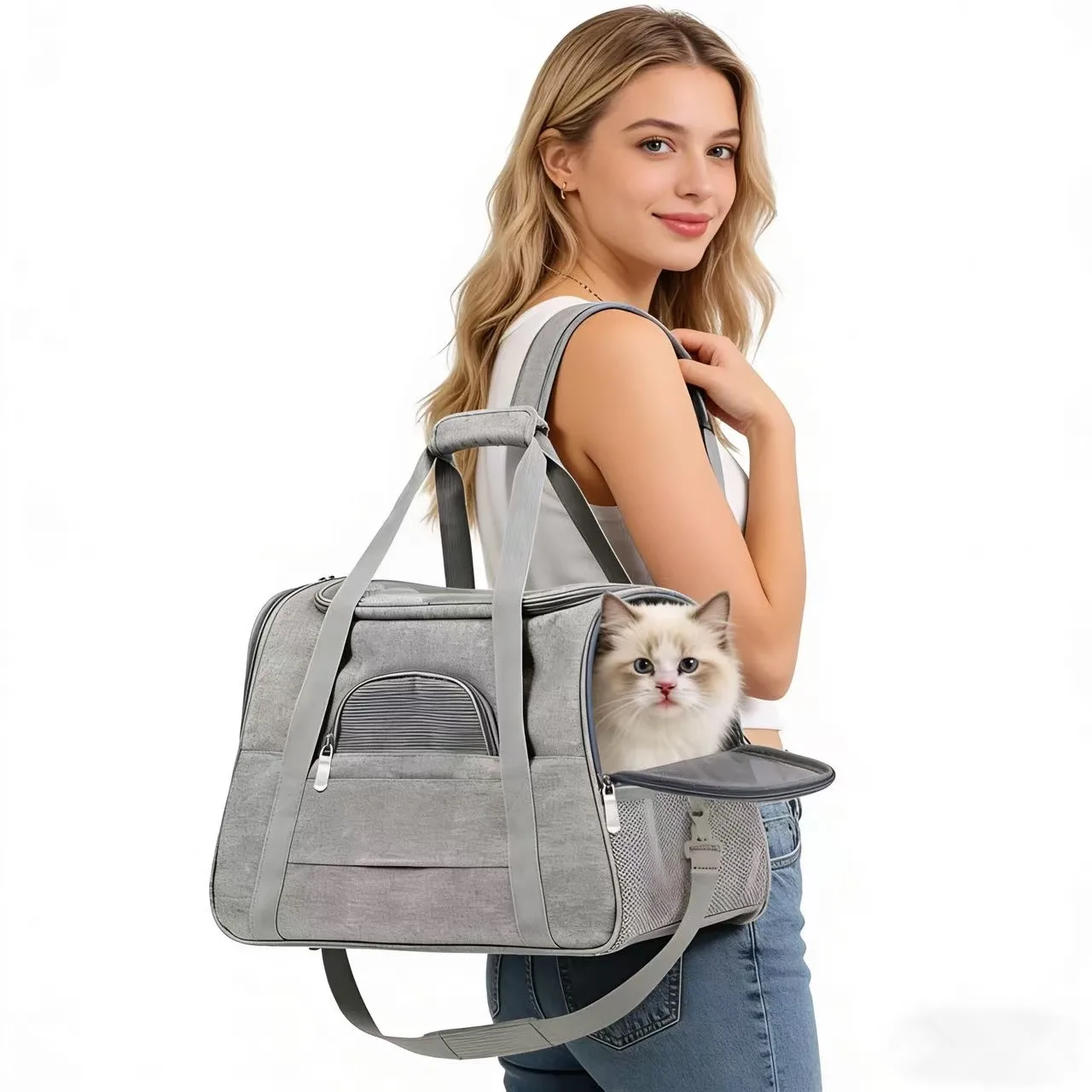 Katzentasche, Haustiertasche, Handtasche mit Schulterriemen, Komfortabel, Atmungsaktiv, Tragbar, Faltbare Katzentransporttasche, Haustiertransporttasche