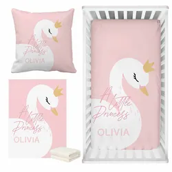 LVYZIHO Pink Cute Swan Crib Sheet Set, Custom Name Baby Girl Crib Bedding Set, Baby Shower Gift Bedding Set