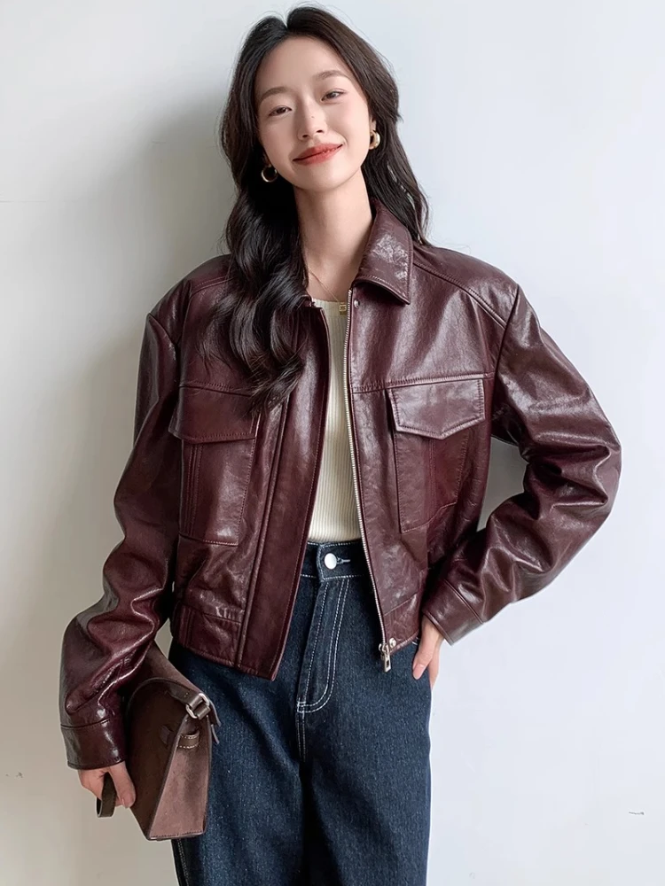 Vintage Short Genuine Leather Motorcycle Jacket for Women Spring Autumn High-end Solid Simple Oil Wax Real Goatskin Leather Coat