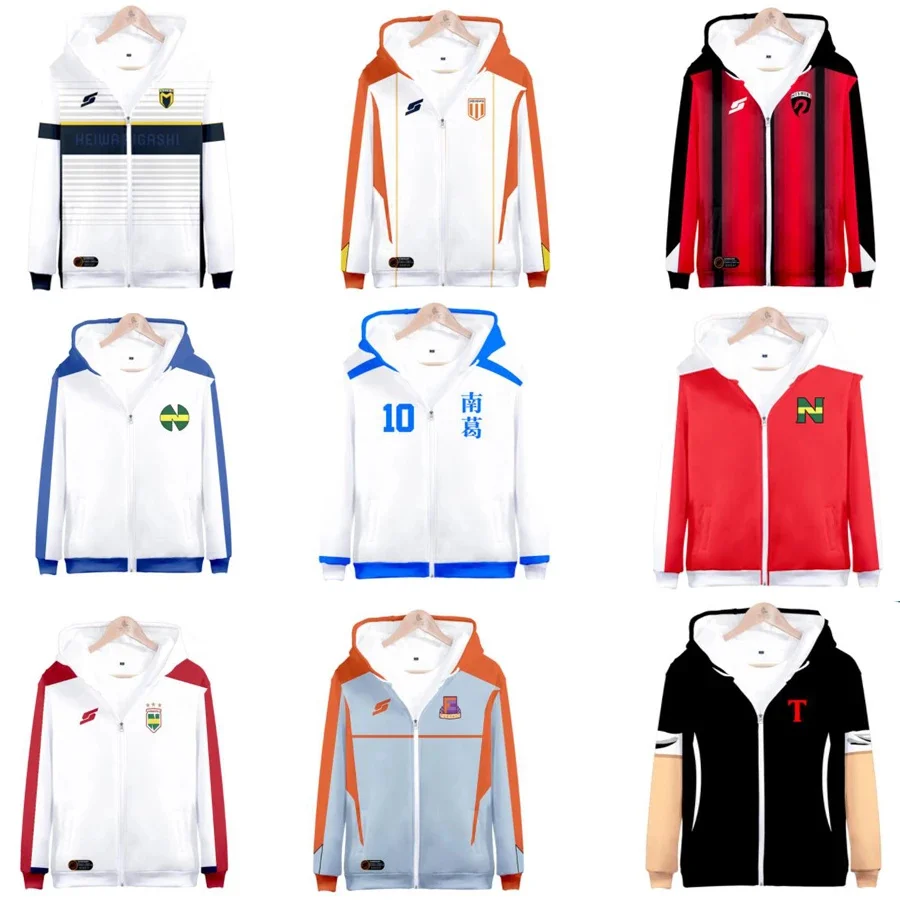 พิมพ์อะนิเมะ Captain Tsubasa Ozora Tsubasa Kojiro Hyuga เครื่องแต่งกาย Unisex Hoodie Zipper Hooded Jacket ฟุตบอล Jerseys ชุด