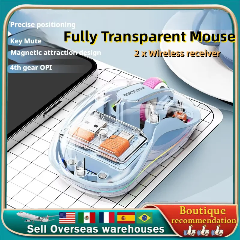 New Fully Transparent Mouse Bluetooth Wireless Tri-mode Magnetic Suction Mute Rechargeable Led Lamp Intelligence Office Gift