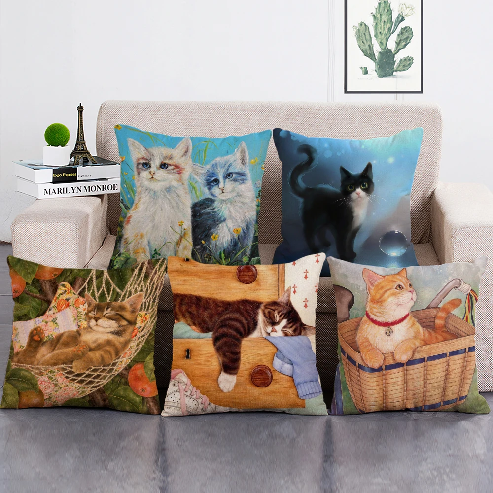 

Cute Cat Decorative Cushion Cover 45x45CM Square Throw Pillow Cover Animal Pillowcace for Car Home Sofa Decor