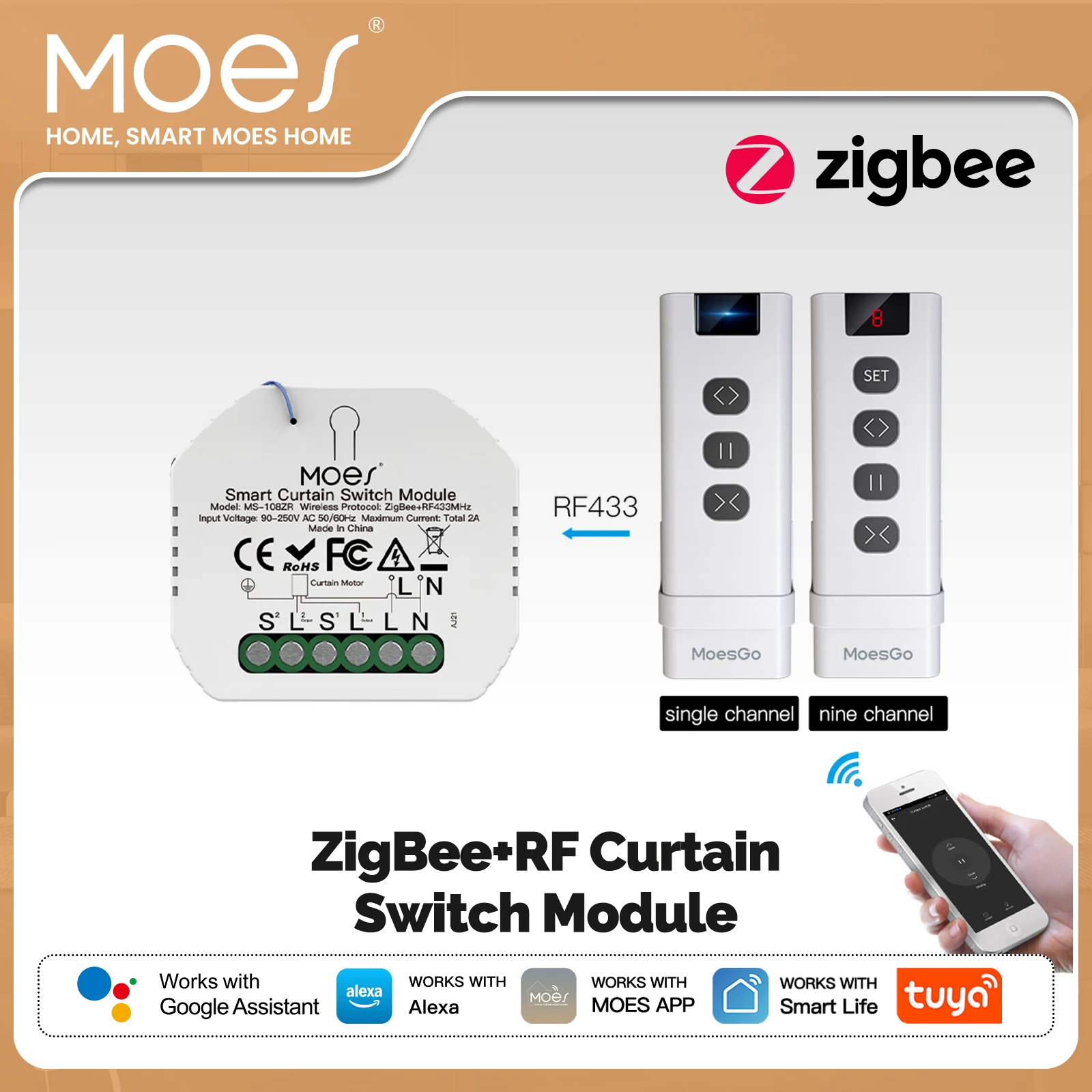 MOES ZigBee Smart RF433 Curtain Switch Module for Roller Shutter Blind Motor Works with Smart Life APP Alexa Google Home