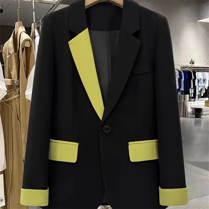 Jacket Colorblock Outerwears Black Loose Spring Autumn Coats for Women Splicing Fashion 2025 Korean High Quality Blazer Woman