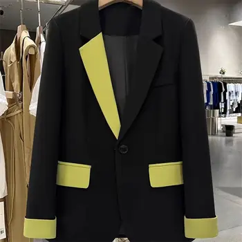 Giacca Colorblock Capispalla Nero Allentato Primavera Autunno Cappotti per le donne Splicing Moda 2025 Coreano Blazer di alta qualità Donna