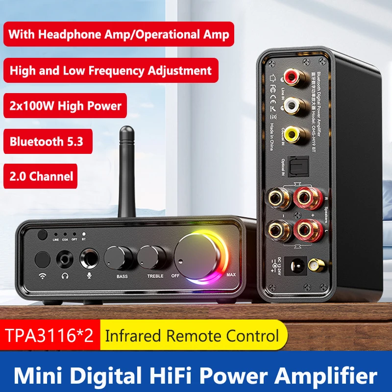 

Bluetooth 5.3 Mini TPA3116D2 Class D Power Amplifier 2.0 Audio Amplifier 100Wx2 200W with Microphone Optical Coaxial Input