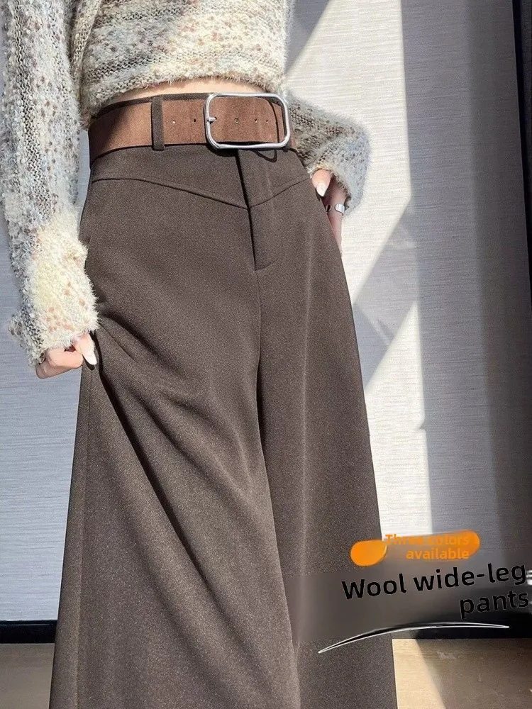High-End-Wollanzughose Damen Retro-Hose mit Gürtel Herbst Winter Hose mit weitem Bein Dra Straight Freizeithose