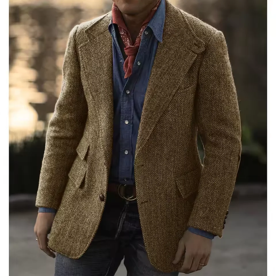 

Mens Herringbone Suit Jacket Single Breasted Three Pockets Business Blazer Casual Fashion Slim Fit Comfortable Elegant Mens Coat