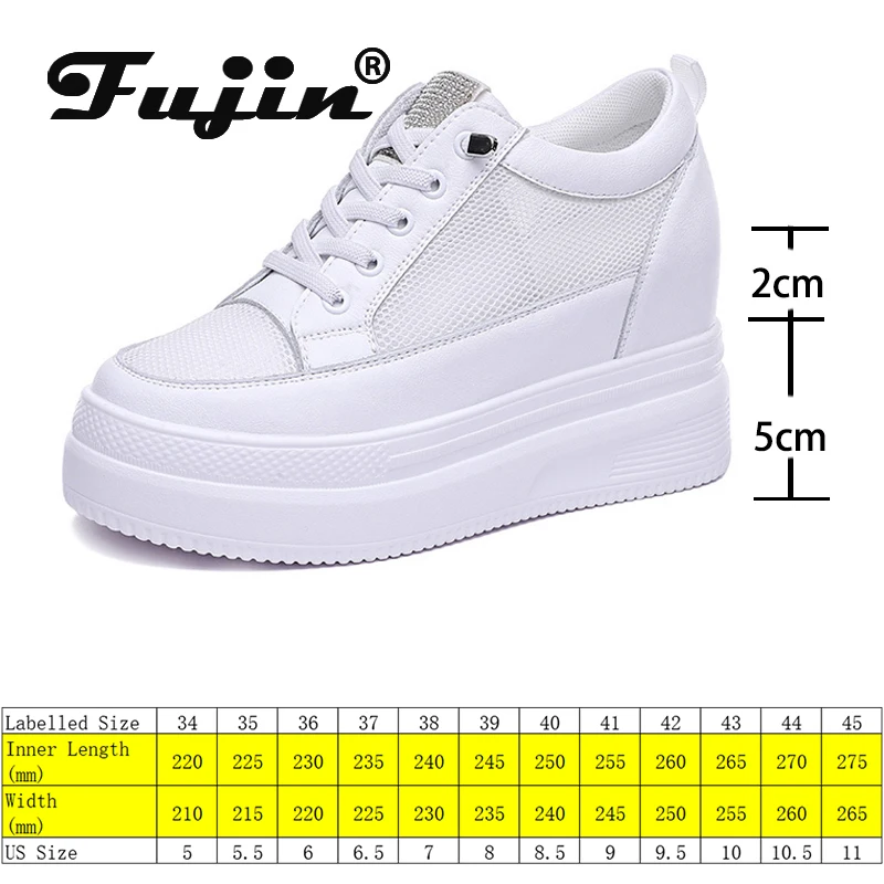 Fujin Women Shoes Chunky Sneakers Air Mesh Hollow Out Genuine Leather White Wedge Shoes Platform Heel Pumps Mujer Bombas