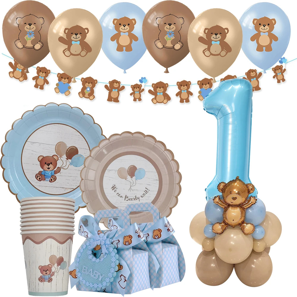 1set Cute Bear Disposable Tableware Brown Blue Napkin Plates Cups for Baby Boy Girl Happy Birthday Baby Shower Party Supply