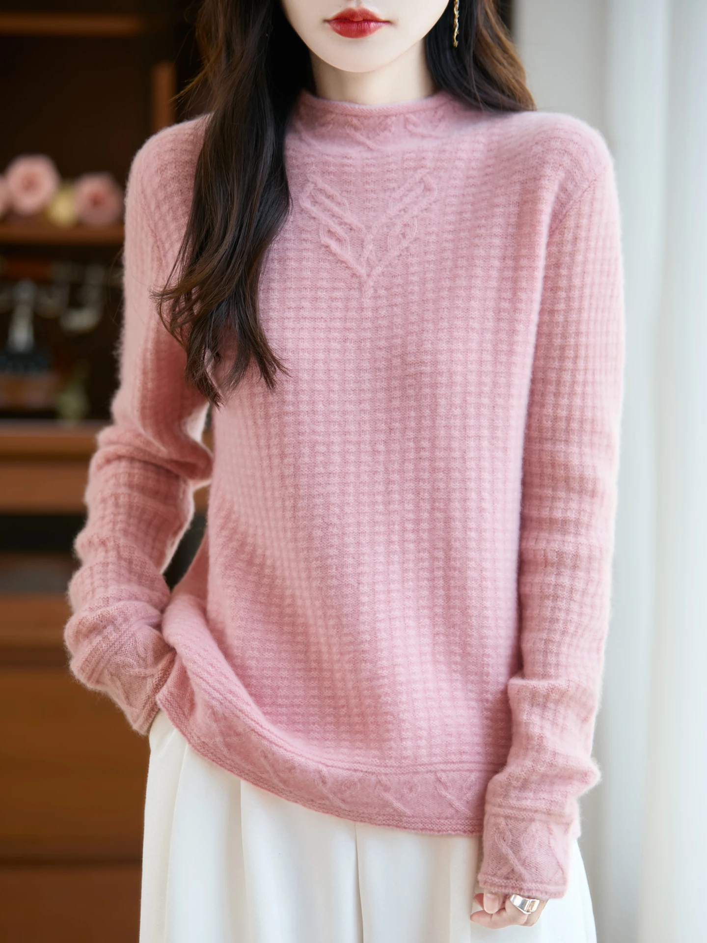 

TLOML Women's 100% Merino Wool Thicken Mock Neck Cable Knitting Pullover Autumn Winter Cashmere Knitted Soft Basic Female Tops