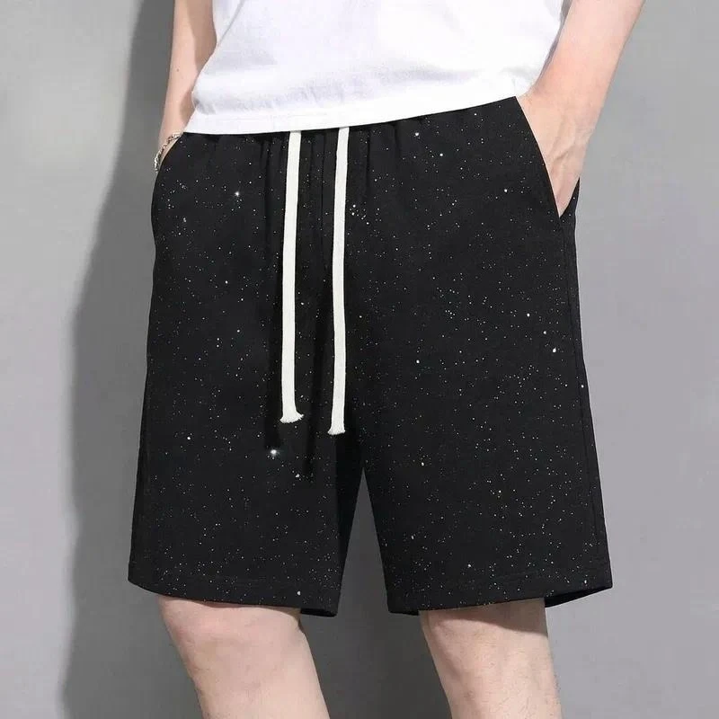 Men's Summer Black Star‑Dotted‑Print Casual Shorts, Ice‑Silk‑Feel Lightweight Knee‑Length Shorts For Home Sports Outdoor Daily