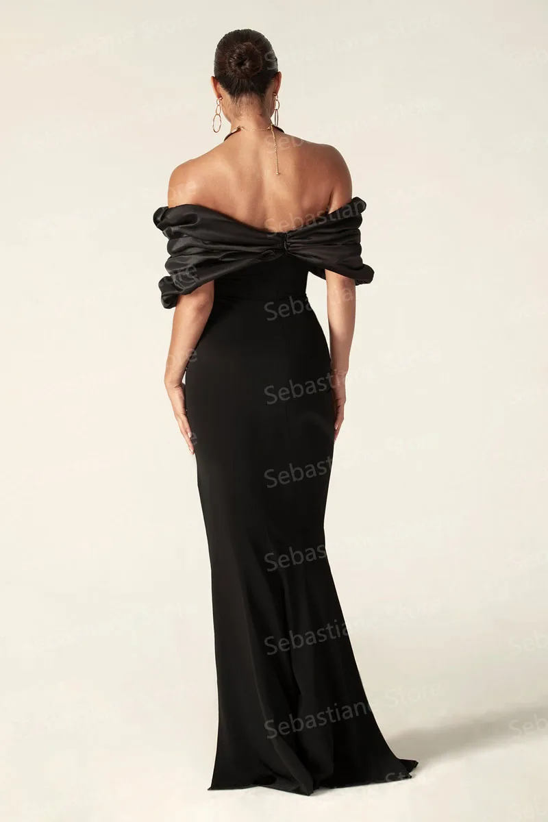 Black Simple Elegant Mermaid Evening Dresses Satin Pleated Off Shoulder Split Women Formal Prom Pageant Gowns Custom Made