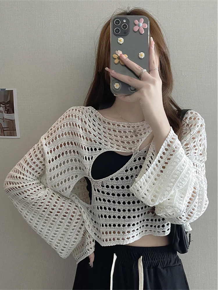 Hollow Knitted Ice Silk Mesh Top Women's Autumn Wear Transparent Short Style Fishing Net Outerwear Sun Protection Cover up