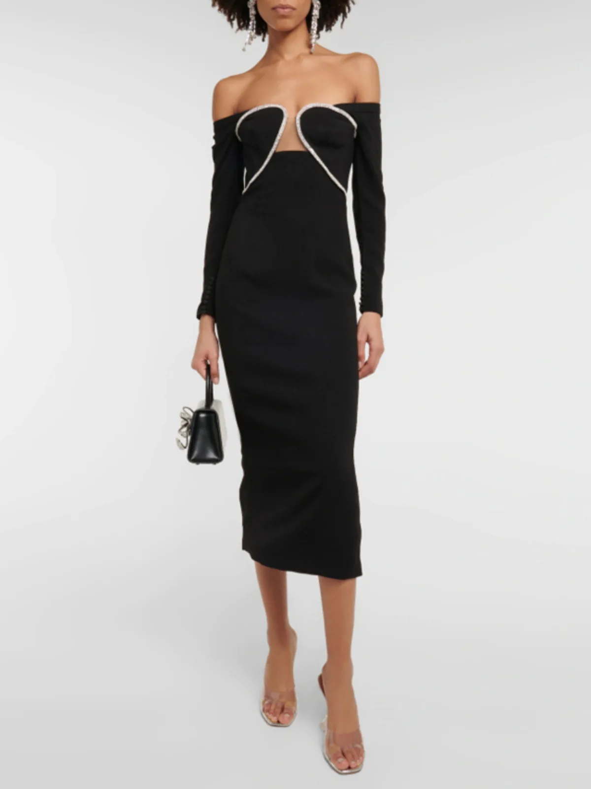 

Элегантный модный черный стиль во французском стиле с длинными рукавами и роскошными блестящими пайетками в качестве торжественного вечернего платья