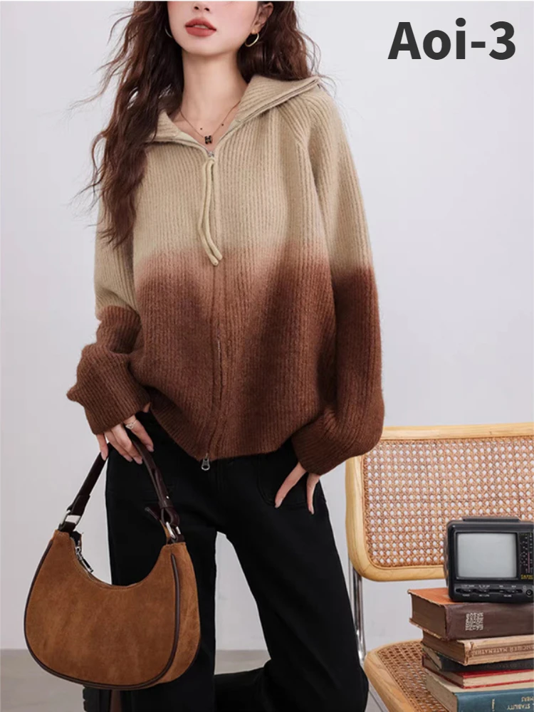 Vintage Gradient Color Knitted Cardigan Women 2023 Autumn Winter Korean Double Zipper Turn-Down Collar Loose Casual Sweater Coat