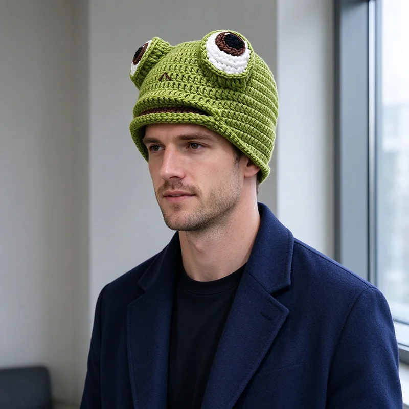 Handmade Green Big Frog Hat Men Custom Crochet Soft Knitted Beanie Women Funny Unisex Cosplay Outdoor Warm Skullies Cap Boys