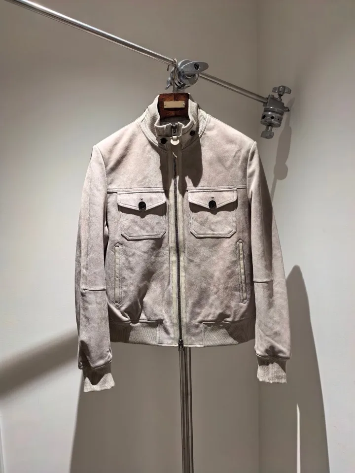 TF Men Hunting Jacket 2026 Winter New Workwear Turn Down Collar Gray Color Cowhide Leather Coat