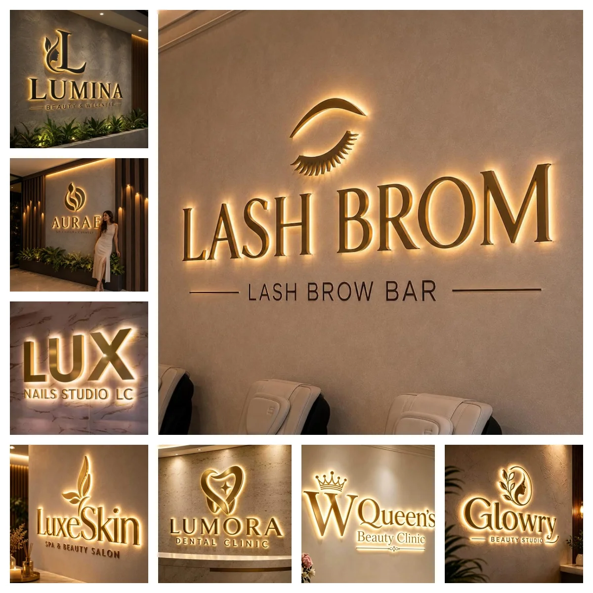 Op maat gemaakte 3D verlichte bedrijfsbord van metaal voor beautysalon/kliniek, LED letters, halo verlichte bedrijfslogo, verlicht bedrijfsbord