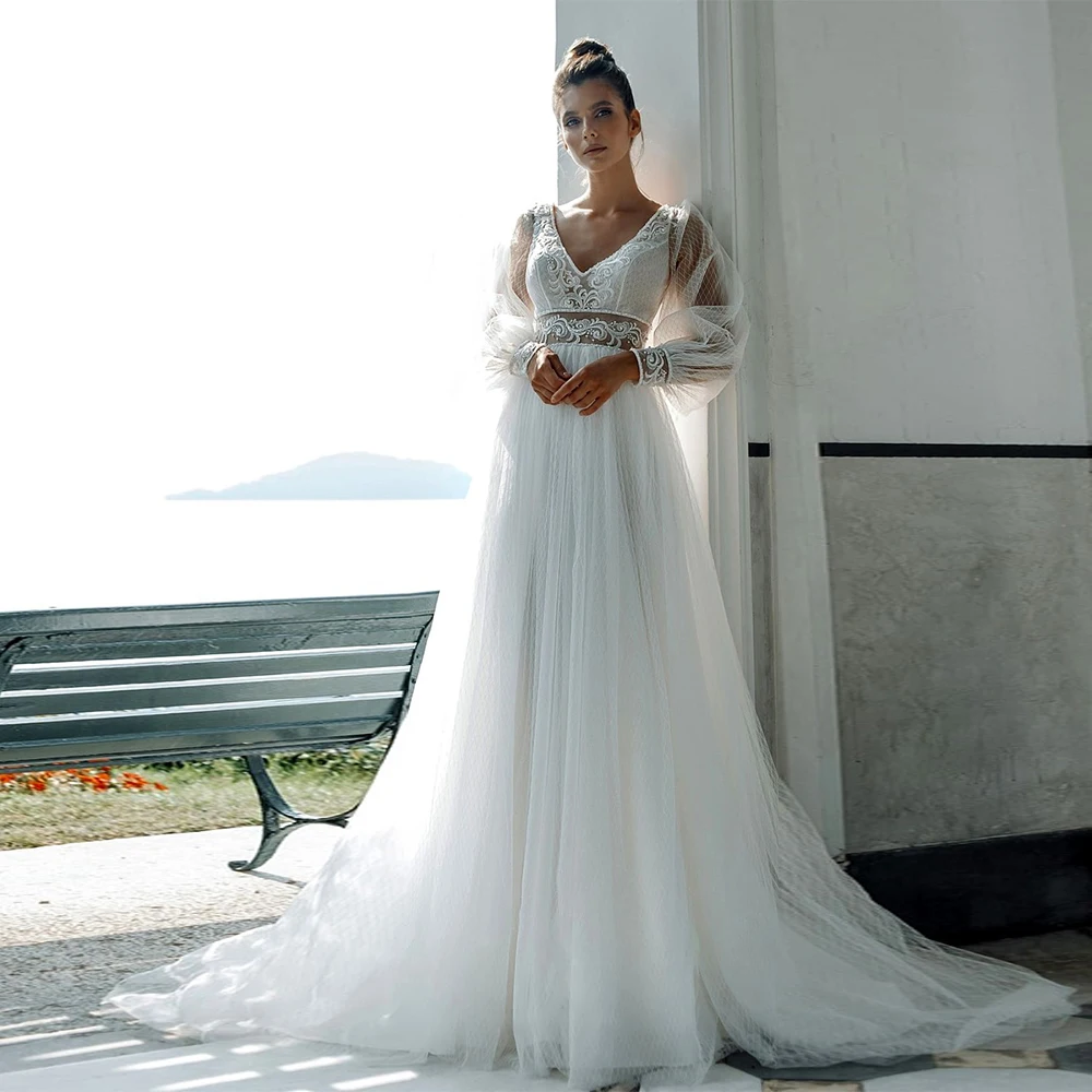 

Charming Ivory Wedding Dresses for Women Simple Bridal Gowns with Soft Tulle Full Sleeve Vestidos De Novia 2025 New Summer