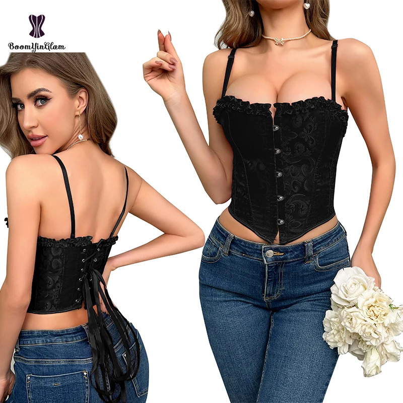 12 Glue Bones Ruffled Lace Up Corset Top Plus Size Fashion Cropped Women\'s Gothic Vintage Corselet With G String