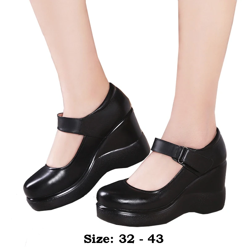 

high quality leather wedge shoe for women 8cm high heel platform round toe 32 33 43 elegant and fashion shoe black white red