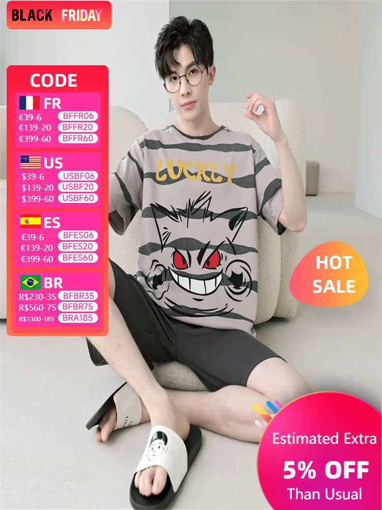 New Men's Pajamas Sets Round Neck Roomwear Homesuit Cotton Pijama Cartoon Young Student Sleepwear Summer Tops Night Wear Clothes