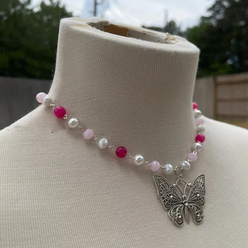 Coquette Pink & White Butterfly Necklace