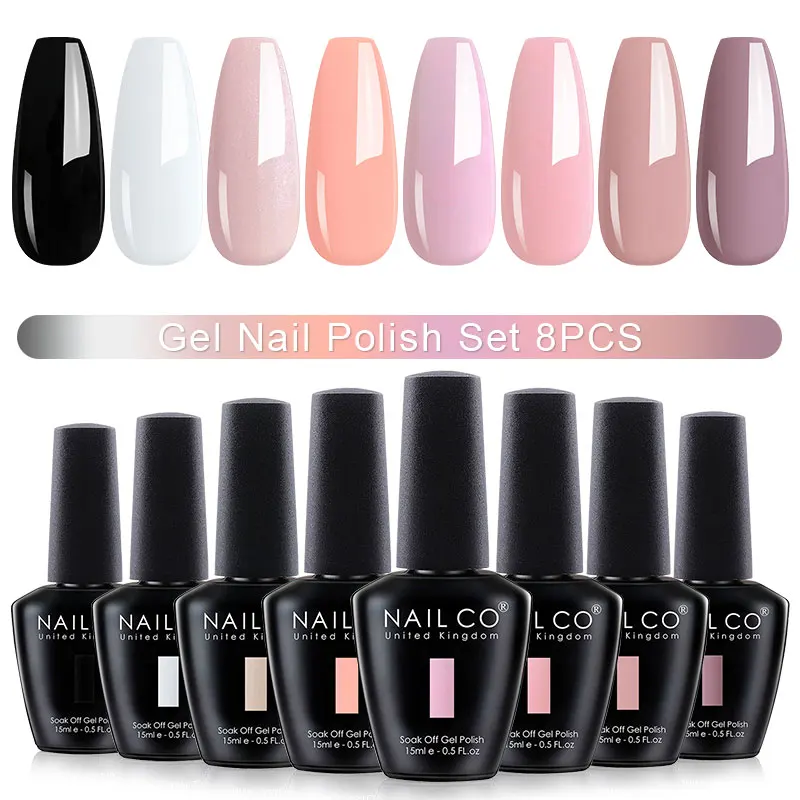 NAILCO 8PCS Set Colori Smalto per unghie Gel Nail Art Semi-permanente Vernice UV Forniture per unghie per professionisti Per manicure top coat