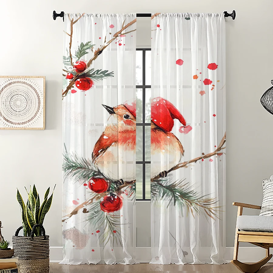 2PCS Christmas Winter Sheer Curtains, Robin Santa Hat, Digital Print, Bedroom Living Room, Rod Pocket Polyester, Home Decor