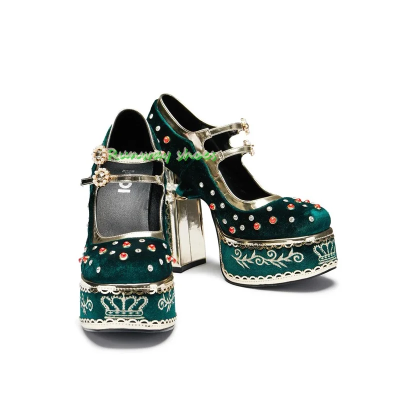 Christmas Red Velvet  Women's Shoes Round toe Chunky Heel Beaded Decorations Rhinestone-Studded Women's Shoes  Single Shoes