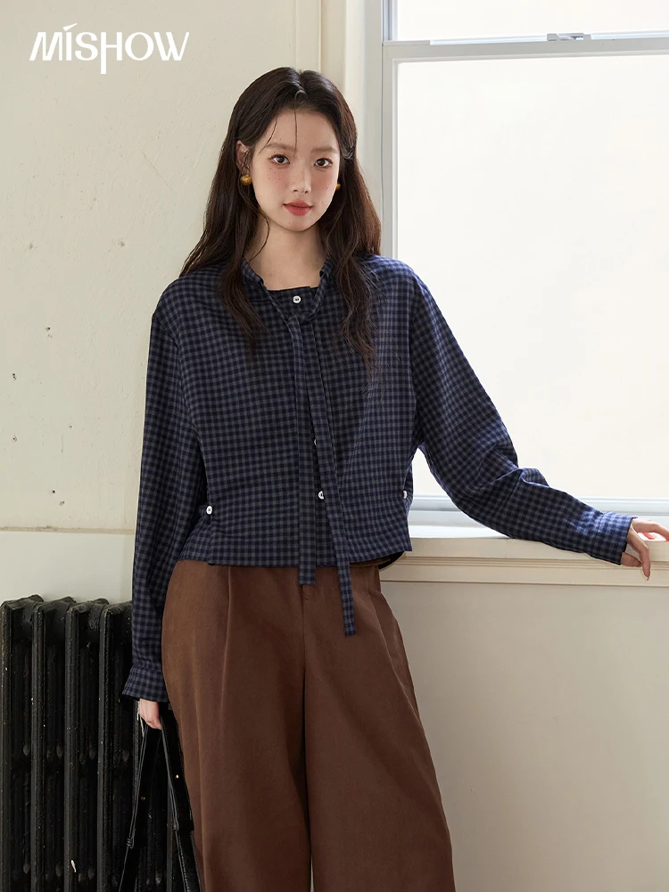 

MISHOW Navy Blue Plaid Shirt Woman 2025 Autumn New Bow Tie Waist Side Button Design Long Sleeves Top Women's Clothing MXE49X2509