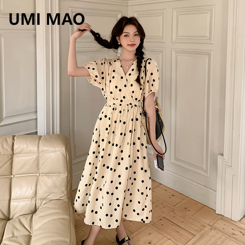 

UMI MAO Polka Dot Dress Elegant Women 2024 Summer Outfit New Korean Fashion Short Sleeved Long Dresses Femme Y2K