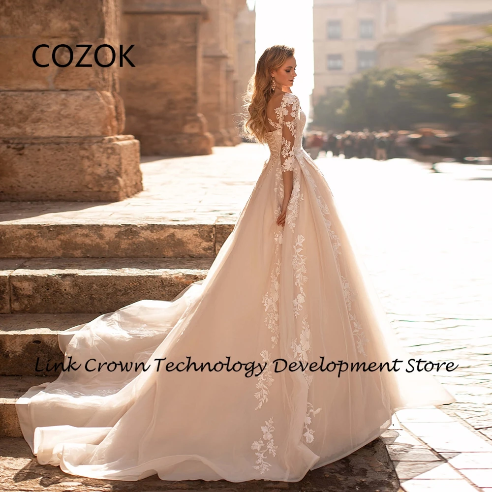 COZOK Luxury Strapless Wedding Dresses with Lace Soft Tulle Full Sleeve Court Train Bridal Gowns 2024 Summer New Vestidos De