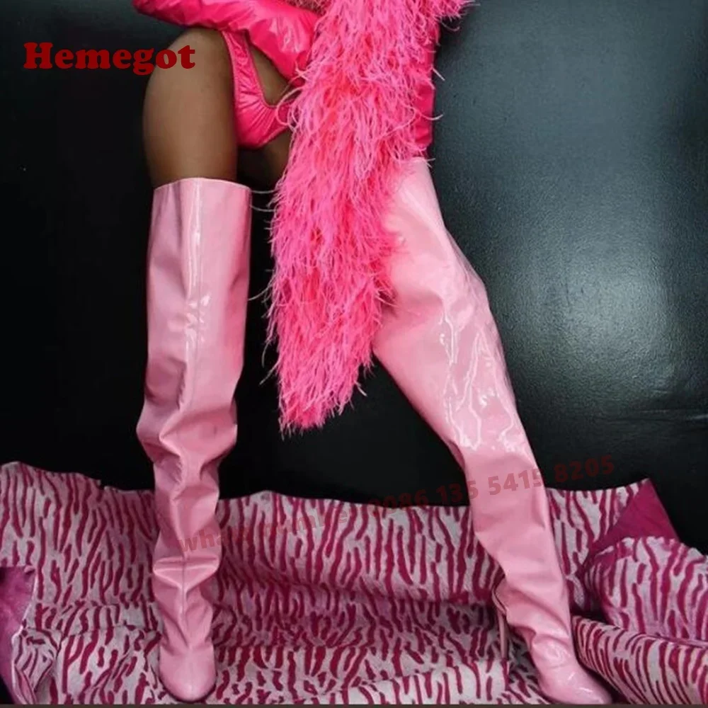 

Розовые плиссированные высокие сапоги с открытой пяткой, женские сапоги выше колена с острым носком на шпильке, глянцевая повседневная обувь из лакированной кожи, пикантная обувь