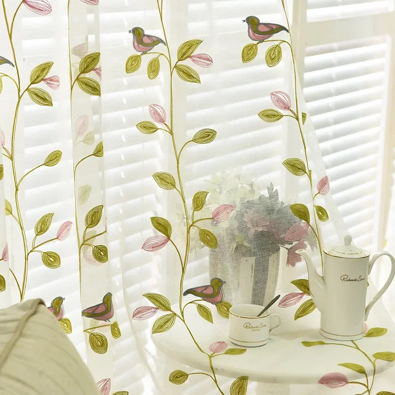 Small Fresh Pastoral Style Bird Flower Embroidery Cotton Linen Floating Curtain Partition for Balcony Bedroom Living Room Decor