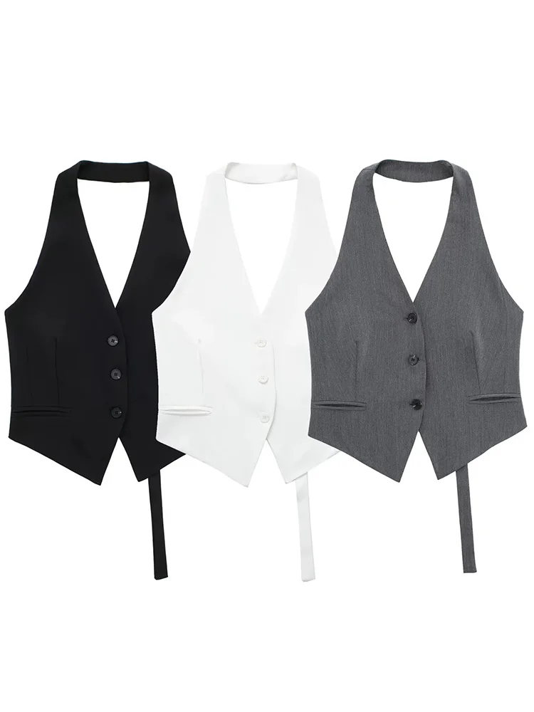 MUJER épaules dénudées gilet sans manches femmes noir blanc recadrée gilet femme mode dos nu col en V manteaux courts gilet d'été