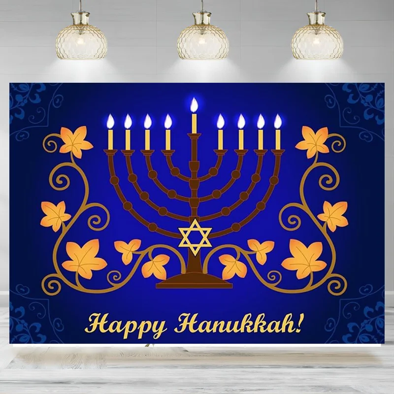 Hanukkah Backdrop Party Decorations Menorah Blue Shiny Lamps Chanukah Background Photography SuppliesFestive Day Banner