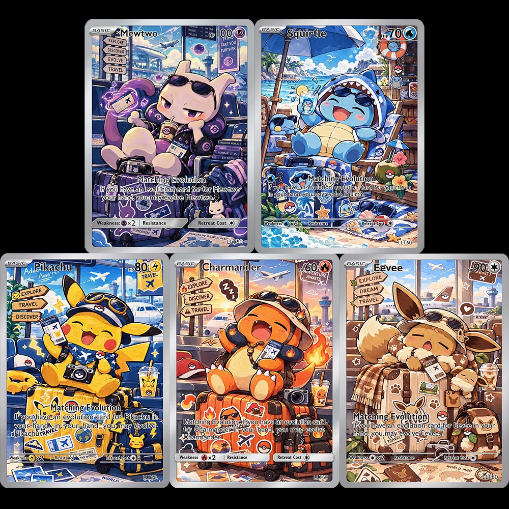 5Pcs Game Collection Card Mewtwo Eevee Charmander Squirtle 5Set Full Art Holo TCG Collectible Card Toys Hobby For Boys