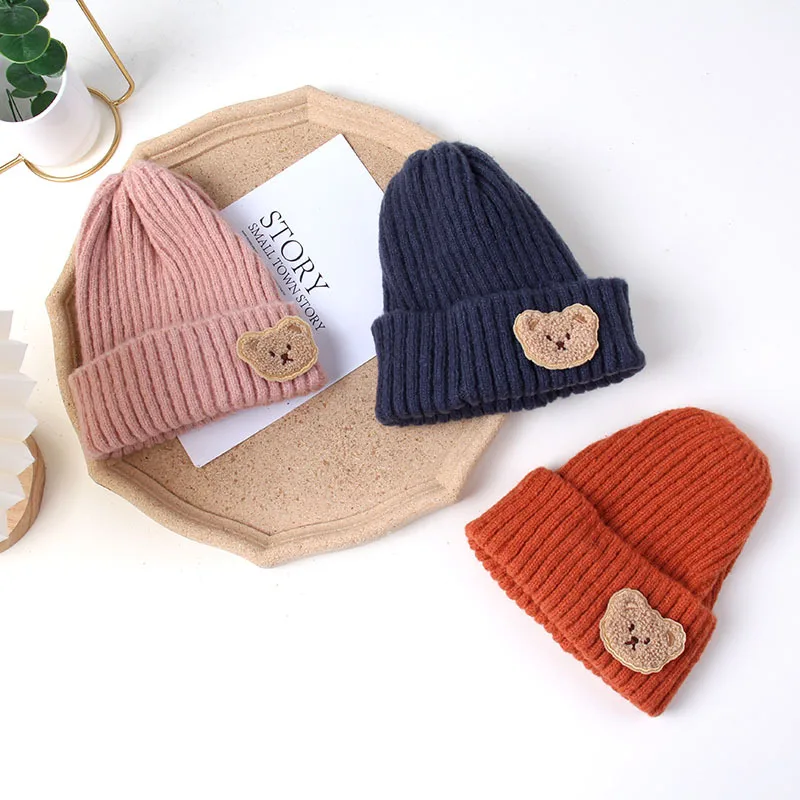 Korean Bear Baby Knit Hat Autumn Winter Warm Toddler Cap for Boy Girl Beanies Cute Solid Color Cartoon Kids Knitted Hats