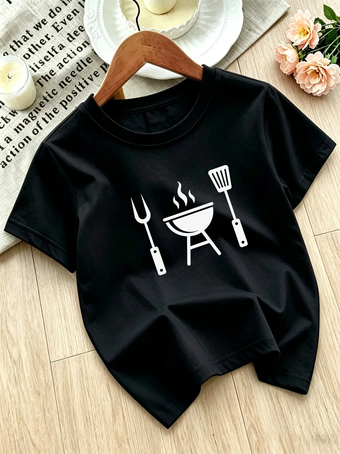 Cute Barbecue Grill Tools Print Family Matching T Shirt Boys Girls Tee Parent Child Casual Top Mom Dad Kids Summer Daily Wear