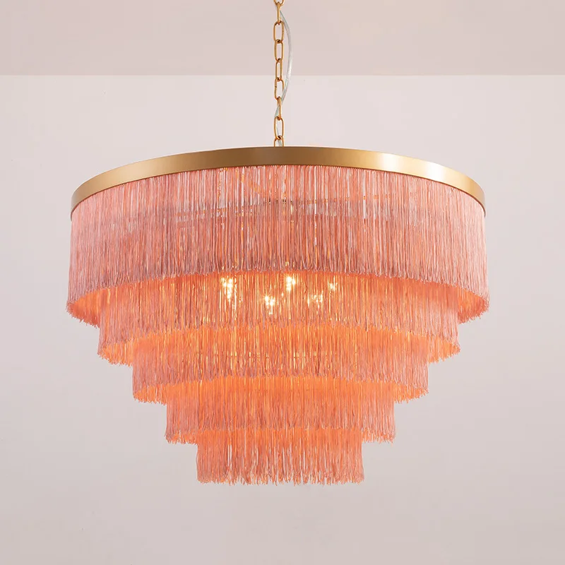 Pink Tassel Chandelier Bedroom Lighting Cotton Thread Fringe Chandeliers Girl'S Room Modern Cute Hanging Lights Daughter'S Room