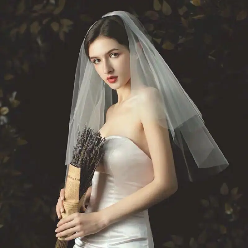 Simple 2 Tiers Fingertip Bridal Veils Cut Edge Tulle Veil with Comb Marriage Accessories