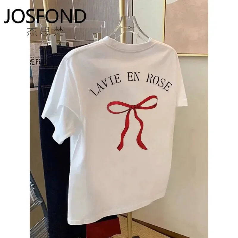 High Quality Pure Cotton White T-shirt Retro Letter Bow Knot Printed Women Graphic Tee Korean Brand Streetwear Loose Summer Tops