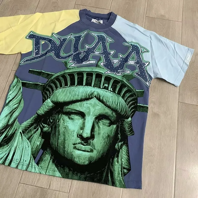 New Men Duaa Washed Rhinestone Statue of Liberty T Shirts T-Shirt Hip Hop Skateboard Street Cotton T-Shirts Tee Top US size A255